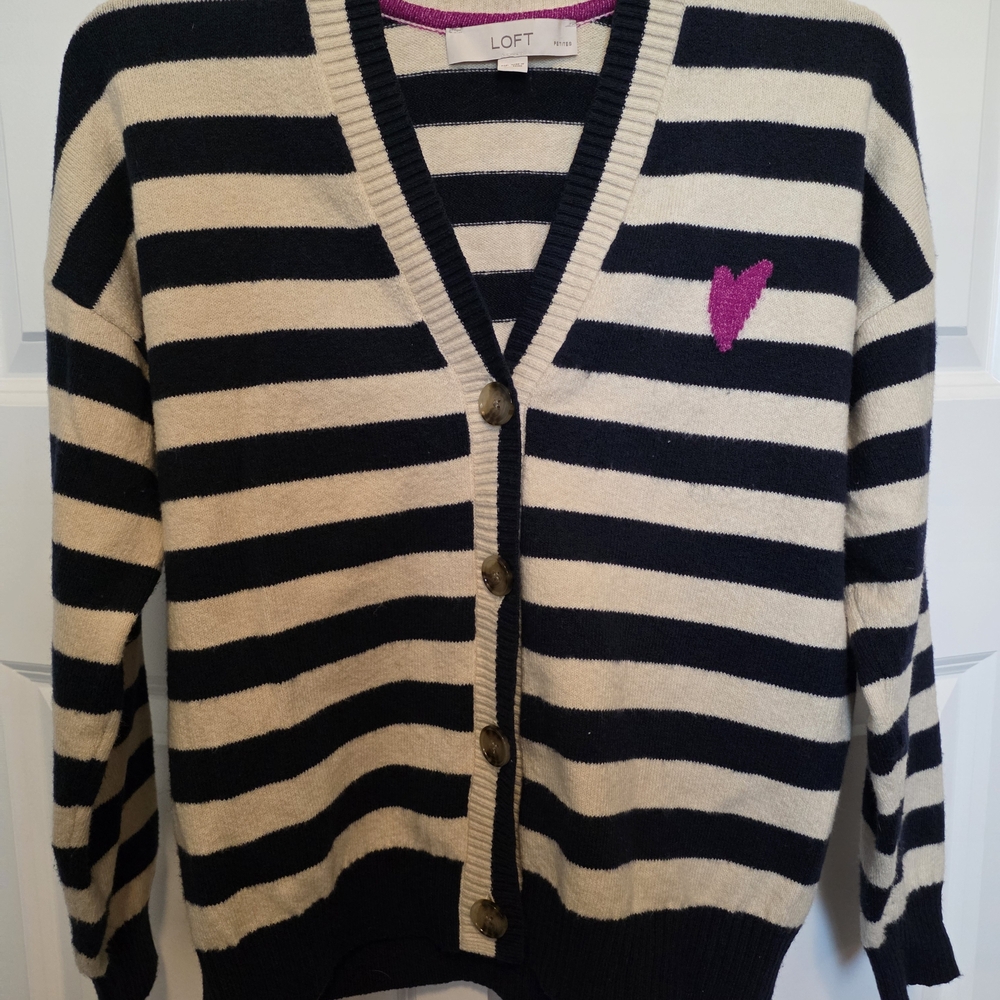 LOFT Women's Black and Cream Striped Cardigan with Pink Heart